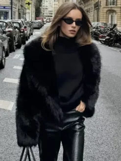 Manteaux en fausse fourrure Noir Taille relevée Manches longues Veste en fausse fourrure Manteau d'hiver