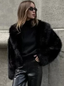 Manteaux en fausse fourrure Noir Taille relevée Manches longues Veste en fausse fourrure Manteau d'hiver
