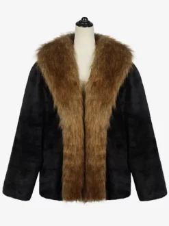 Manteaux En Fausse Fourrure Noir Hiver Chaud Hommes Veste Manches Longues Col Rabattu Épais