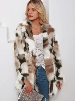 Manteaux Fourré Polaire Veste Femme Bicolore À Manches Longues Marron Café