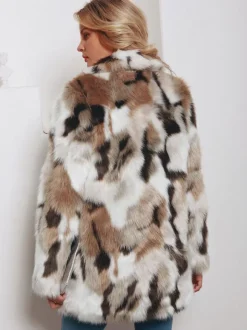 Manteaux Fourré Polaire Veste Femme Bicolore À Manches Longues Marron Café