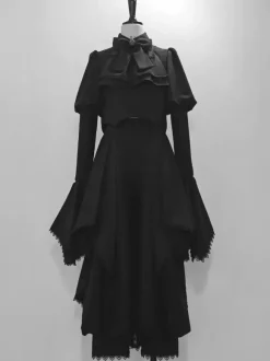 Manteaux gothiques Lolita Manteau noir N艙uds Dentelle Volants Pardessus Polyester Automne Lolita Vêtements d'extérieur