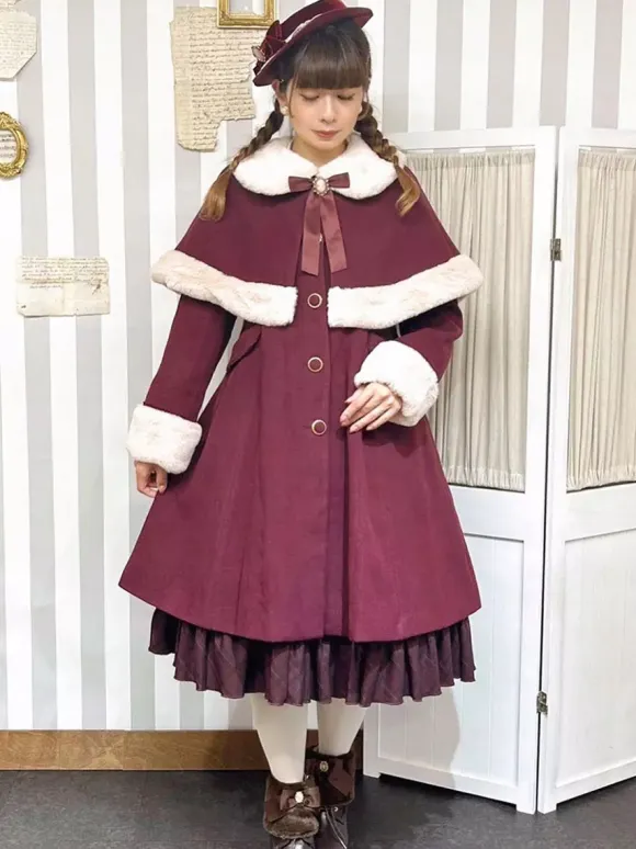 Manteaux Lolita académiques Bordeaux N艙uds de Noël Cape en polyester Manteau Manteau Bloc de couleur Lolita Vêtements d'extérieur Hiver