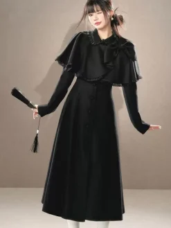 Manteaux Lolita de style ROCOCO ensemble noir n艙uds franges cape pardessus polyester vêtements d'extérieur Lolita d'automne