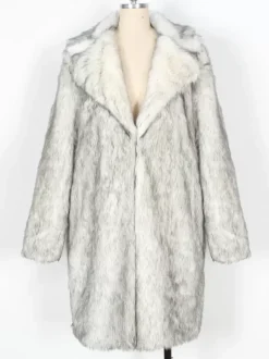 Manteaux Long En Fausse Fourrure Hiver Chaud Hommes Gris Clair Veste Manches Longues Col Rabattu