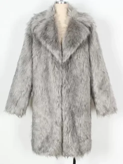 Manteaux Long En Fausse Fourrure Hiver Chaud Hommes Gris Clair Veste Manches Longues Col Rabattu