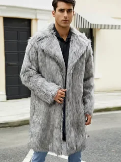 Manteaux Long En Fausse Fourrure Hiver Chaud Hommes Gris Clair Veste Manches Longues Col Rabattu