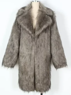 Manteaux Long En Fausse Fourrure Hiver Chaud Hommes Gris Clair Veste Manches Longues Col Rabattu