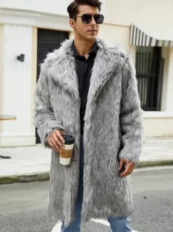 Manteaux Long En Fausse Fourrure Hiver Chaud Hommes Gris Clair Veste Manches Longues Col Rabattu