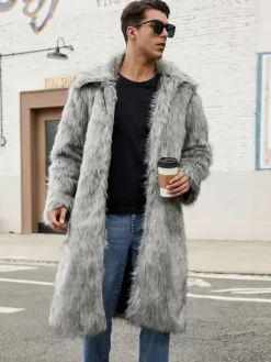 Manteaux Long En Fausse Fourrure Hiver Chaud Hommes Gris Veste Manches Longues Col Rabattu