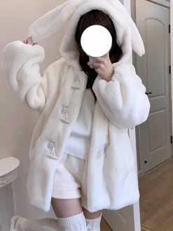 Manteaux Mignonne Lolita Beige Veste Court Polaire Lolita À Capuche Lapin