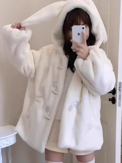 Manteaux Mignonne Lolita Beige Veste Court Polaire Lolita À Capuche Lapin