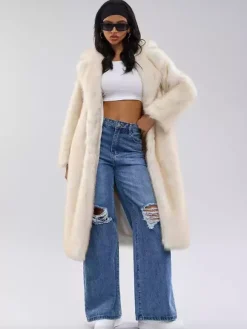 Manteaux en fausse fourrure blanche à revers crantés Veste longue d'hiver surdimensionnée pour femmes 2026