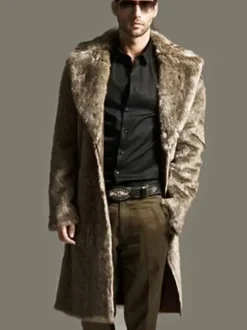 Manteaux En Fausse Fourrure Hiver Chaud Hommes Noir Chic Veste Manches Longues Col Rabattu