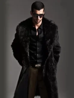 Manteaux En Fausse Fourrure Hiver Chaud Hommes Noir Chic Veste Manches Longues Col Rabattu