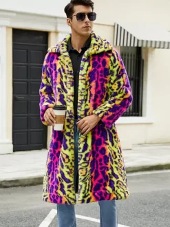 Manteaux En Fausse Fourrure Léopard Rose Jaune Hiver Chaud Hommes Veste Manches Longues Col Rabattu