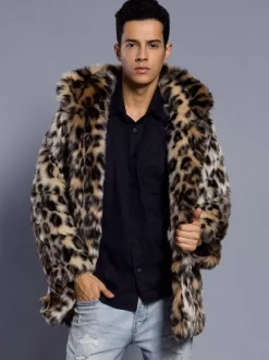 Manteaux En Fausse Fourrure Marron Foncé Hiver Chaud Hommes Veste Manches Longues Col Rabattu Capuche