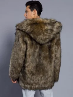 Manteaux En Fausse Fourrure Marron Foncé Hiver Chaud Hommes Veste Manches Longues Col Rabattu Capuche