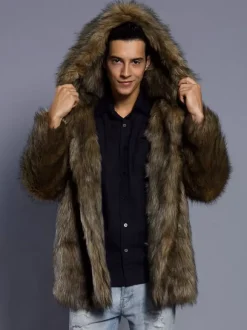 Manteaux En Fausse Fourrure Marron Foncé Hiver Chaud Hommes Veste Manches Longues Col Rabattu Capuche