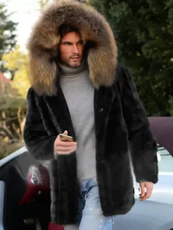 Manteaux En Fausse Fourrure Noir Hiver Chaud Hommes Veste Manches Longues Col Rabattu Capuche