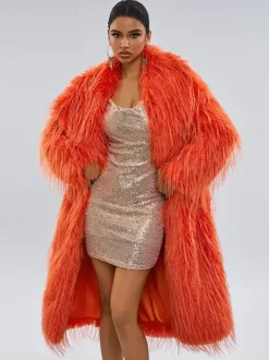 Manteaux en fausse fourrure orange sans taille manches longues manteau surdimensionné pour femme