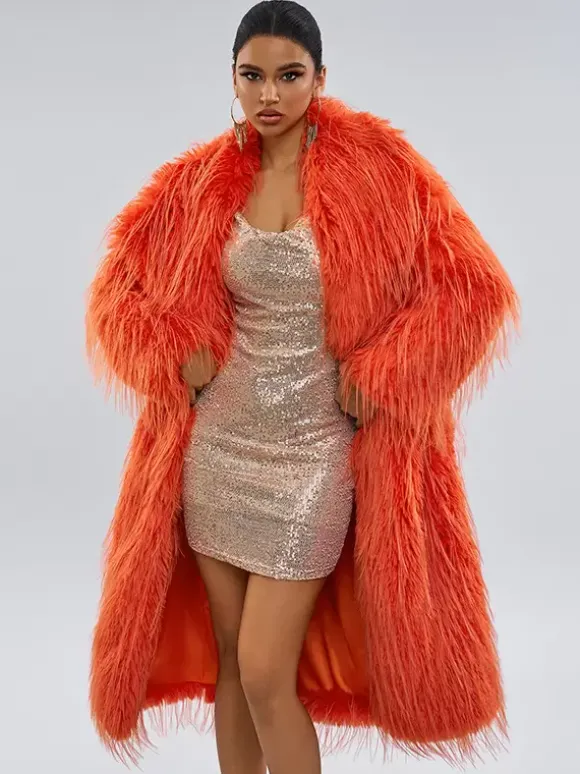 Manteaux en fausse fourrure orange sans taille manches longues manteau surdimensionné pour femme