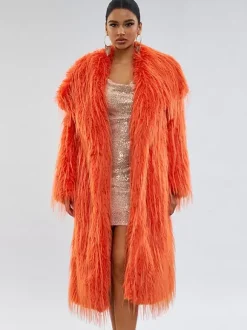 Manteaux en fausse fourrure orange sans taille manches longues manteau surdimensionné pour femme