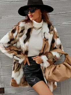 Manteaux Fourré Polaire Veste Femme Bicolore À Manches Longues Marron Café