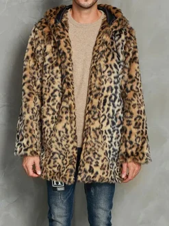 Manteaux Homme Surdimensionné À Capuche Imprimé Léopard Chic Moderne Café Brun