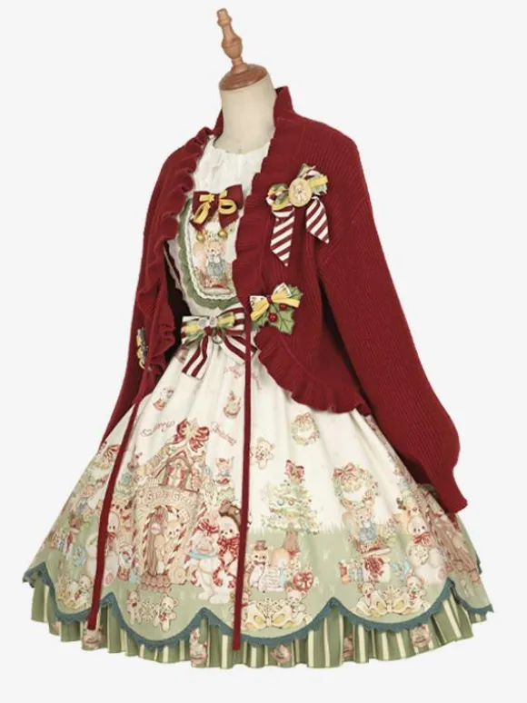 Manteaux Lolita doux manteau de noël rouge pardessus tricoté à volants mélange de coton vêtements d'extérieur Lolita d'hiver