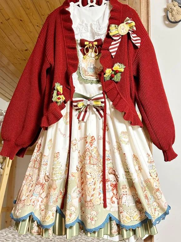 Manteaux Lolita doux manteau de noël rouge pardessus tricoté à volants mélange de coton vêtements d'extérieur Lolita d'hiver