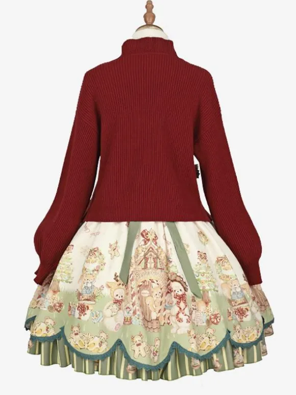 Manteaux Lolita doux manteau de noël rouge pardessus tricoté à volants mélange de coton vêtements d'extérieur Lolita d'hiver