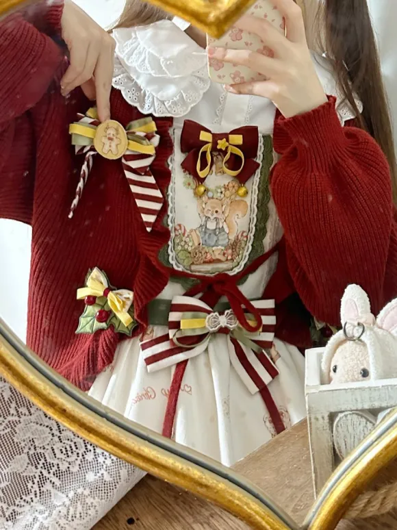 Manteaux Lolita doux manteau de noël rouge pardessus tricoté à volants mélange de coton vêtements d'extérieur Lolita d'hiver