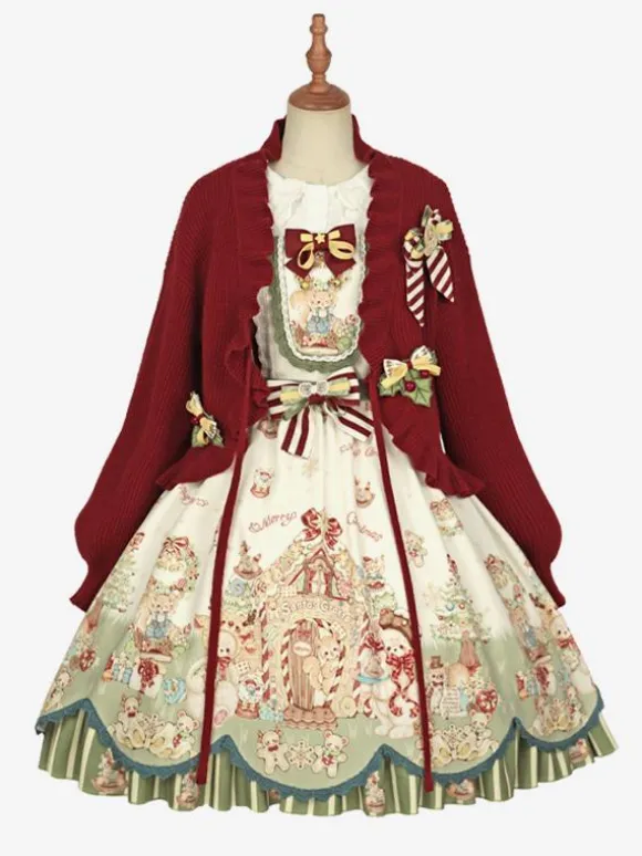 Manteaux Lolita doux manteau de noël rouge pardessus tricoté à volants mélange de coton vêtements d'extérieur Lolita d'hiver