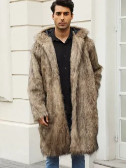 Manteaux Long En Fausse Fourrure Hiver Chaud Hommes Gris Clair Veste Manches Longues Col Rabattu Capuche
