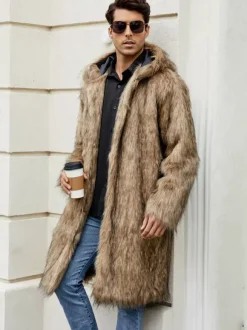Manteaux Long En Fausse Fourrure Hiver Chaud Hommes Gris Clair Veste Manches Longues Col Rabattu Capuche