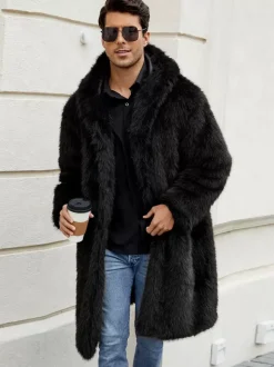 Manteaux Long En Fausse Fourrure Hiver Chaud Hommes Gris Clair Veste Manches Longues Col Rabattu Capuche
