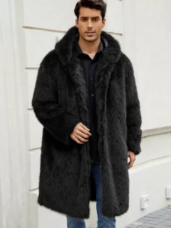 Manteaux Long En Fausse Fourrure Hiver Chaud Hommes Gris Clair Veste Manches Longues Col Rabattu Capuche