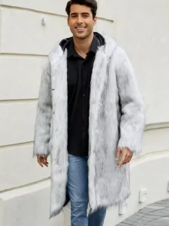 Manteaux Long En Fausse Fourrure Hiver Chaud Hommes Gris Clair Veste Manches Longues Col Rabattu Capuche