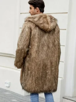 Manteaux Long En Fausse Fourrure Hiver Chaud Hommes Gris Clair Veste Manches Longues Col Rabattu Capuche