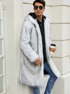Manteaux Long En Fausse Fourrure Hiver Chaud Hommes Gris Clair Veste Manches Longues Col Rabattu Capuche