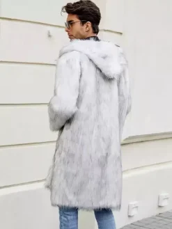 Manteaux Long En Fausse Fourrure Hiver Chaud Hommes Gris Clair Veste Manches Longues Col Rabattu Capuche