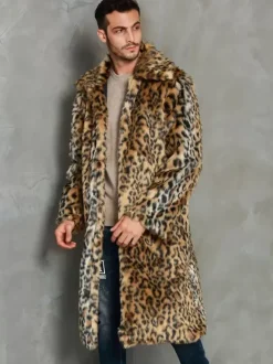Manteaux Long En Fausse Fourrure Hiver Chaud Hommes Léopard Veste Manches Longues Col Rabattu