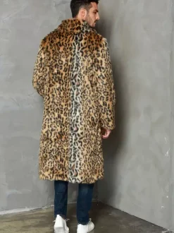 Manteaux Long En Fausse Fourrure Hiver Chaud Hommes Léopard Veste Manches Longues Col Rabattu