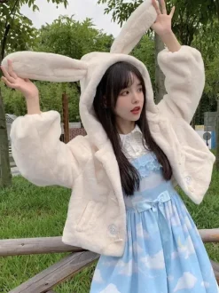 Manteaux Mignonne Lolita Beige Veste Court Polaire Lolita À Capuche Lapin