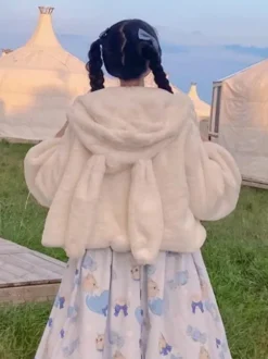 Manteaux Mignonne Lolita Beige Veste Court Polaire Lolita À Capuche Lapin