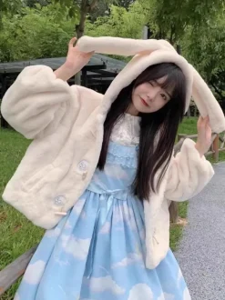 Manteaux Mignonne Lolita Beige Veste Court Polaire Lolita À Capuche Lapin