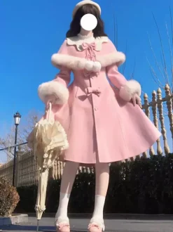 Manteaux Sweet Lolita Manteau rose N艙uds Pardessus Polyester Hiver Lolita Vêtements d'extérieur