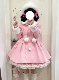 Manteaux Sweet Lolita n艙uds roses pompons manteau en polyester vêtements d'extérieur Lolita d'hiver