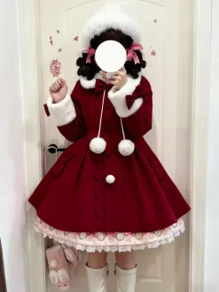 Manteaux Sweet Lolita n艙uds roses pompons manteau en polyester vêtements d'extérieur Lolita d'hiver
